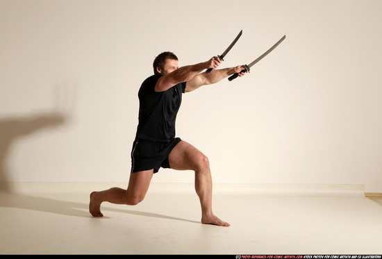 Man Adult Muscular White Fighting with sword Moving poses Sportswear