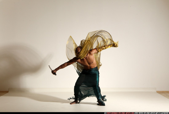 Man Adult Athletic Black Fighting with sword Moving poses Army