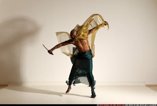 Man Adult Athletic Black Fighting with sword Moving poses Army