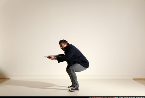 Man Adult Muscular White Moving poses Casual Fighting with shotgun