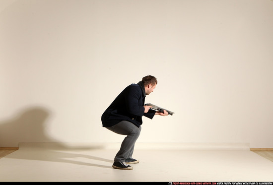 Man Adult Muscular White Moving poses Casual Fighting with shotgun