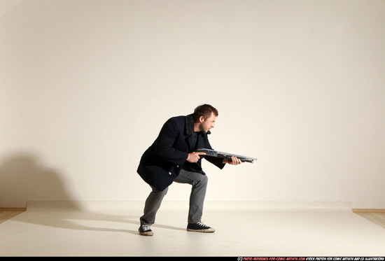 Man Adult Muscular White Moving poses Casual Fighting with shotgun