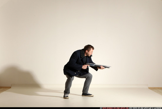 Man Adult Muscular White Moving poses Casual Fighting with shotgun