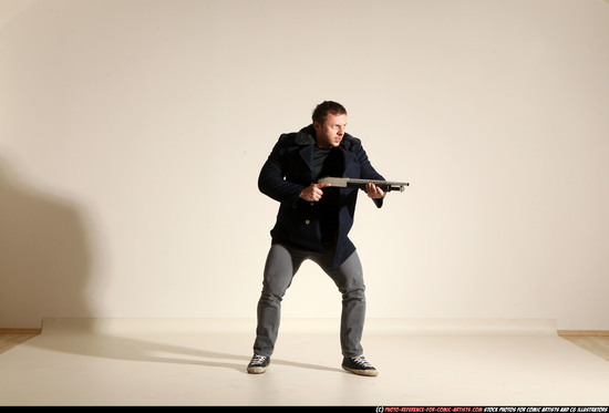 Man Adult Muscular White Moving poses Casual Fighting with shotgun