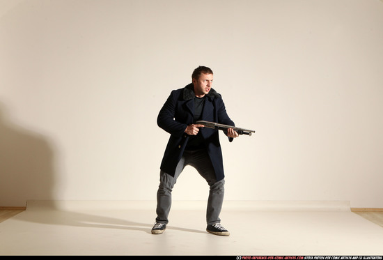 Man Adult Muscular White Moving poses Casual Fighting with shotgun