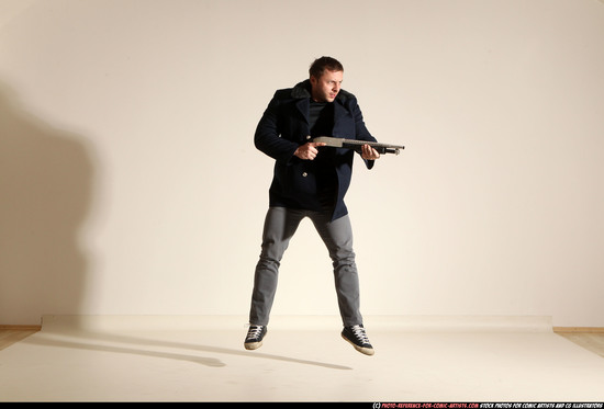 Man Adult Muscular White Moving poses Casual Fighting with shotgun