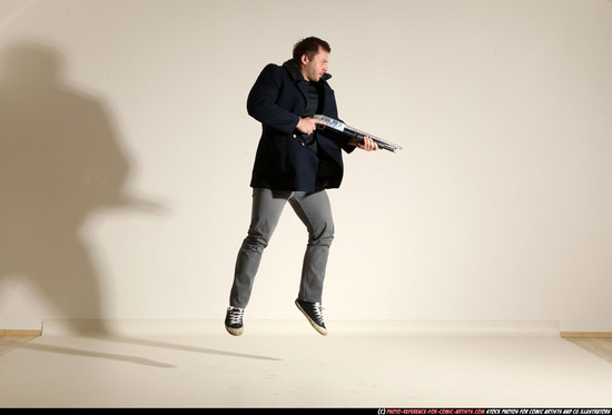 Man Adult Muscular White Moving poses Casual Fighting with shotgun