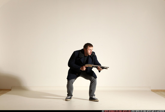 Man Adult Muscular White Moving poses Casual Fighting with shotgun