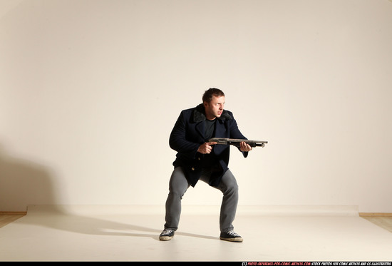 Man Adult Muscular White Moving poses Casual Fighting with shotgun