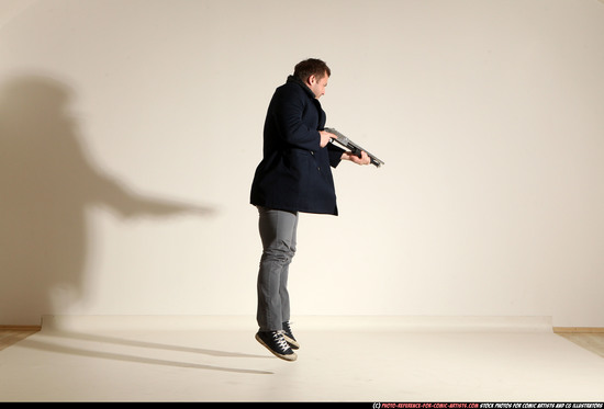 Man Adult Muscular White Moving poses Casual Fighting with shotgun