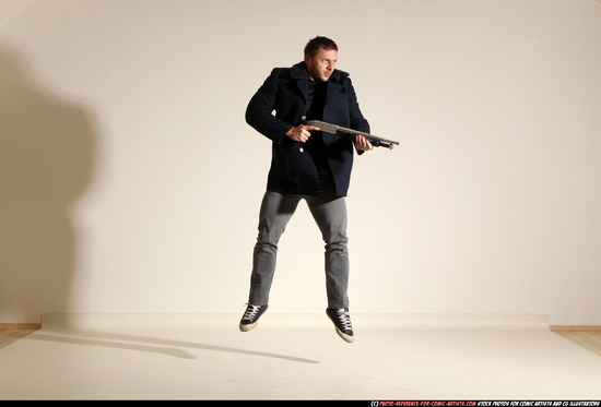 Man Adult Muscular White Moving poses Casual Fighting with shotgun