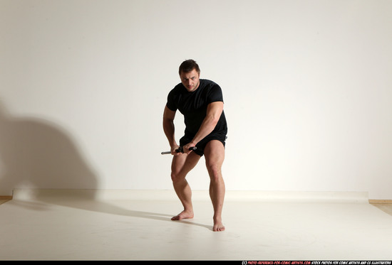 Man Adult Muscular White Fighting with sword Moving poses Sportswear