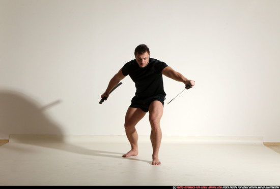 Man Adult Muscular White Fighting with sword Moving poses Sportswear