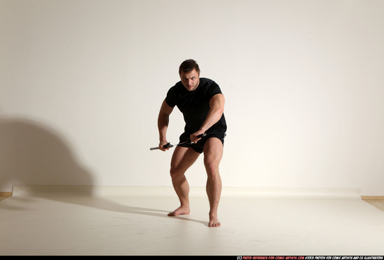 Man Adult Muscular White Fighting with sword Moving poses Sportswear