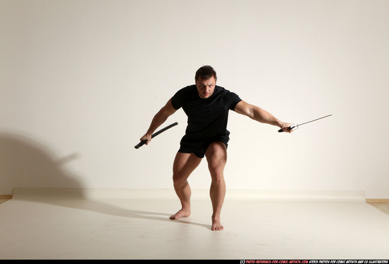 Man Adult Muscular White Fighting with sword Moving poses Sportswear