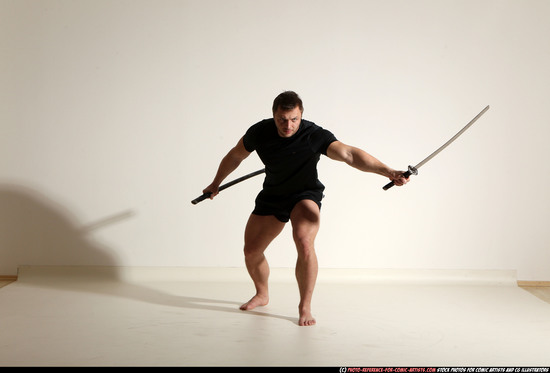 Man Adult Muscular White Fighting with sword Moving poses Sportswear