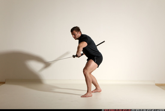 Man Adult Muscular White Fighting with sword Moving poses Sportswear