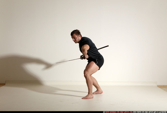 Man Adult Muscular White Fighting with sword Moving poses Sportswear