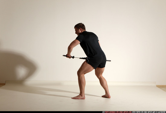 Man Adult Muscular White Fighting with sword Moving poses Sportswear