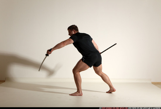 Man Adult Muscular White Fighting with sword Moving poses Sportswear