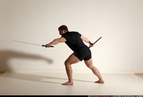 Man Adult Muscular White Fighting with sword Moving poses Sportswear