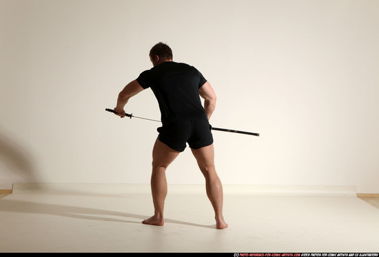 Man Adult Muscular White Fighting with sword Moving poses Sportswear