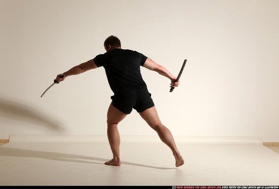 Man Adult Muscular White Fighting with sword Moving poses Sportswear