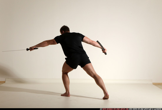 Man Adult Muscular White Fighting with sword Moving poses Sportswear