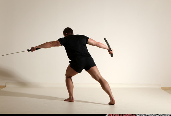 Man Adult Muscular White Fighting with sword Moving poses Sportswear