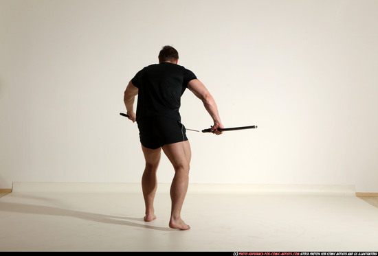 Man Adult Muscular White Fighting with sword Moving poses Sportswear