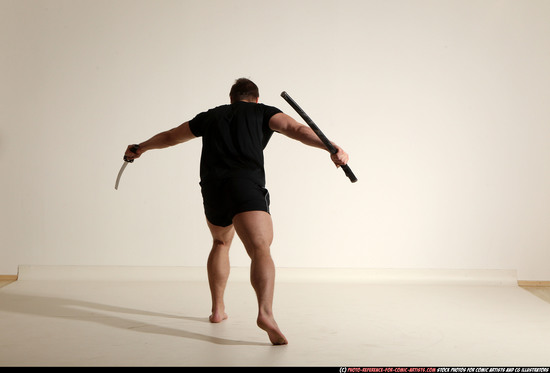 Man Adult Muscular White Fighting with sword Moving poses Sportswear