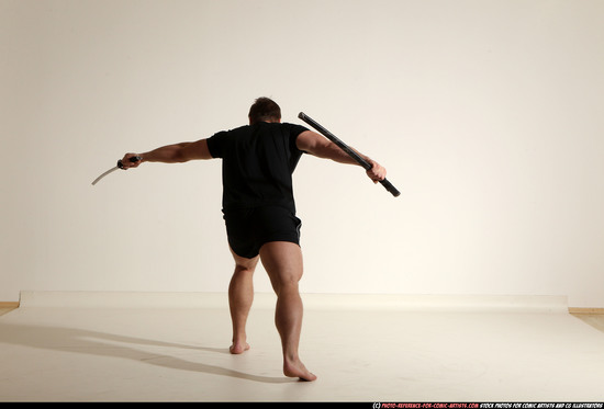 Man Adult Muscular White Fighting with sword Moving poses Sportswear