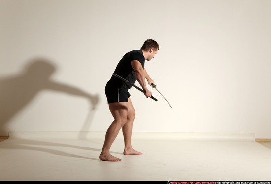 Man Adult Muscular White Fighting with sword Moving poses Sportswear