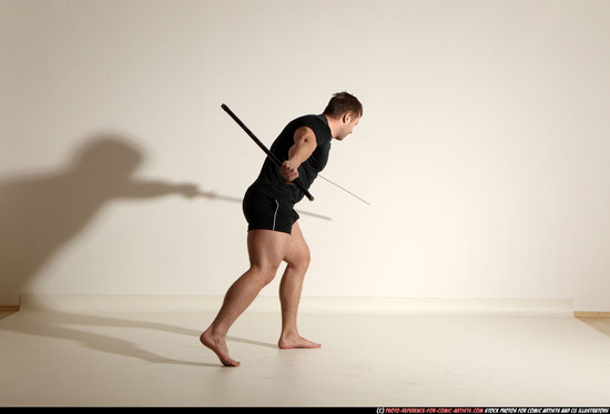 Man Adult Muscular White Fighting with sword Moving poses Sportswear