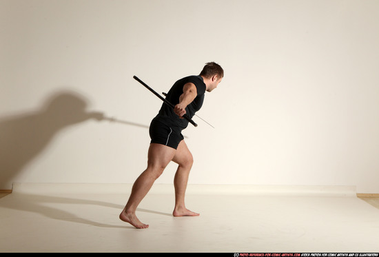 Man Adult Muscular White Fighting with sword Moving poses Sportswear