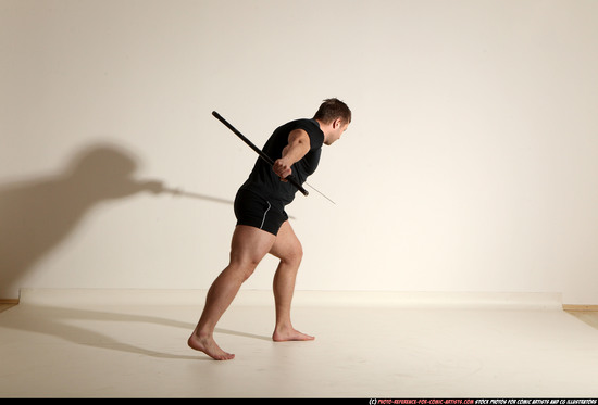 Man Adult Muscular White Fighting with sword Moving poses Sportswear