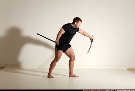 Man Adult Muscular White Fighting with sword Moving poses Sportswear