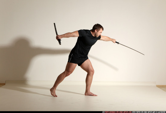 Man Adult Muscular White Fighting with sword Moving poses Sportswear