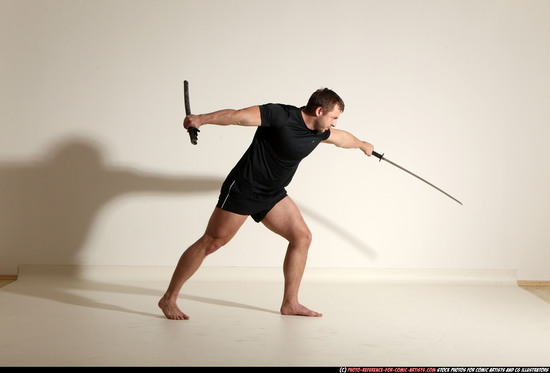 Man Adult Muscular White Fighting with sword Moving poses Sportswear