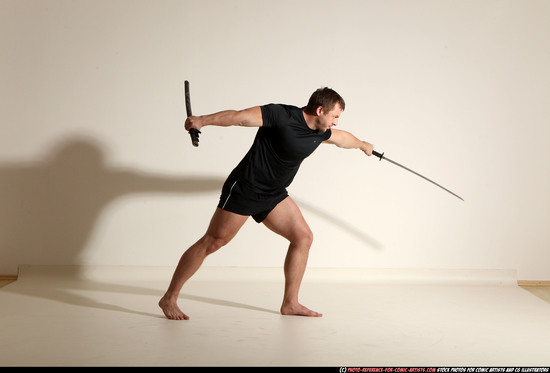 Man Adult Muscular White Fighting with sword Moving poses Sportswear