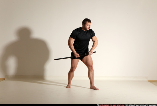 Man Adult Muscular White Fighting with sword Moving poses Sportswear