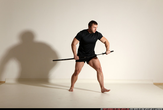 Man Adult Muscular White Fighting with sword Moving poses Sportswear