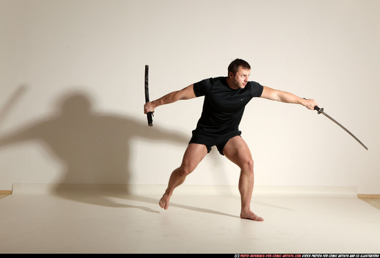 Man Adult Muscular White Fighting with sword Moving poses Sportswear