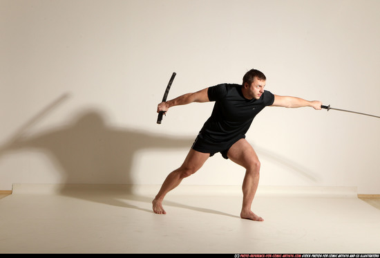 Man Adult Muscular White Fighting with sword Moving poses Sportswear