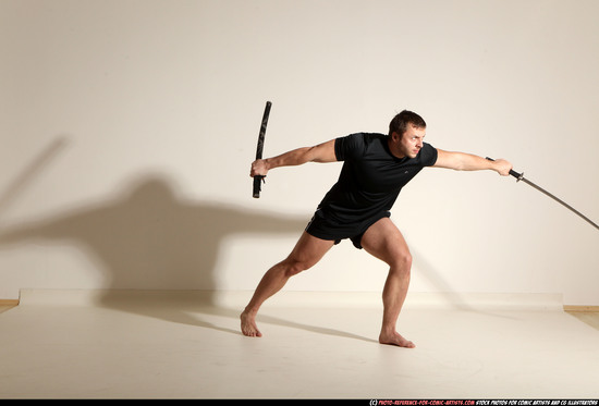 Man Adult Muscular White Fighting with sword Moving poses Sportswear