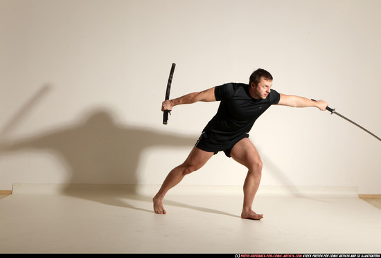 Man Adult Muscular White Fighting with sword Moving poses Sportswear