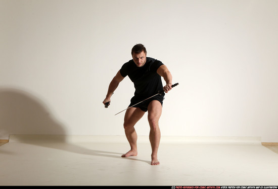 Man Adult Muscular White Fighting with sword Moving poses Sportswear