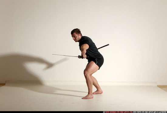 Man Adult Muscular White Fighting with sword Moving poses Sportswear