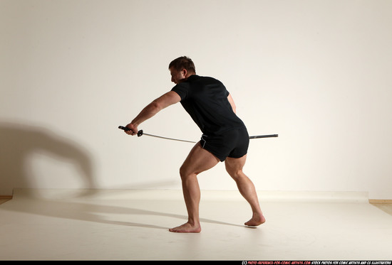 Man Adult Muscular White Fighting with sword Moving poses Sportswear