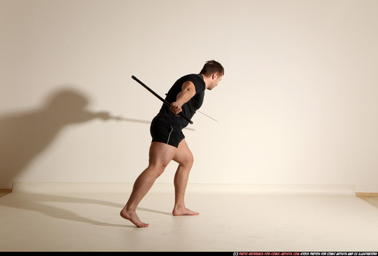 Man Adult Muscular White Fighting with sword Moving poses Sportswear